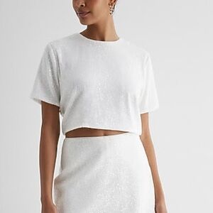 Sequin Crew Neck Boxy Cropped Tee - Express